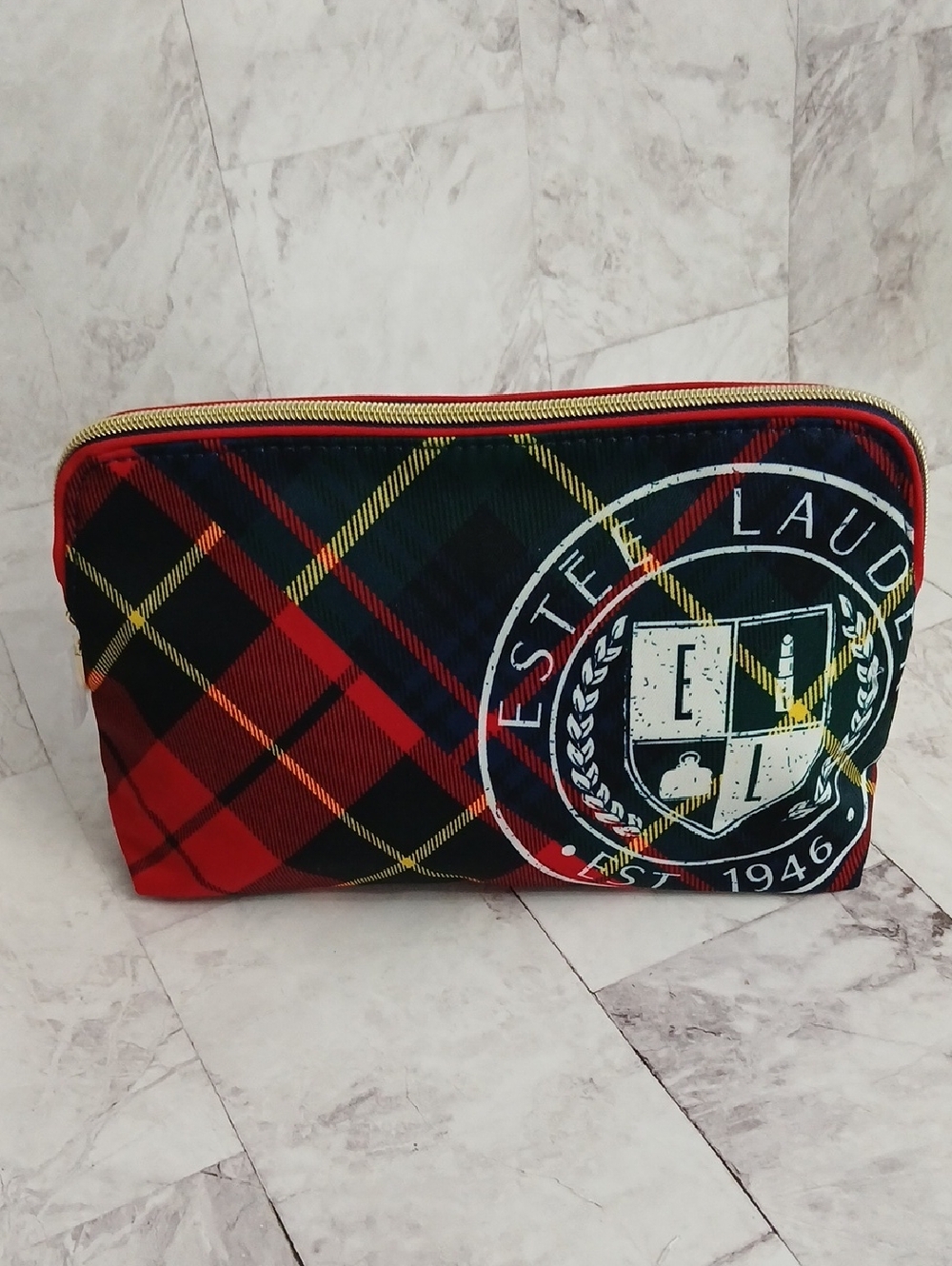 Estee Lauder Red and Black Plaid Cosmetic Pouch with Crest
